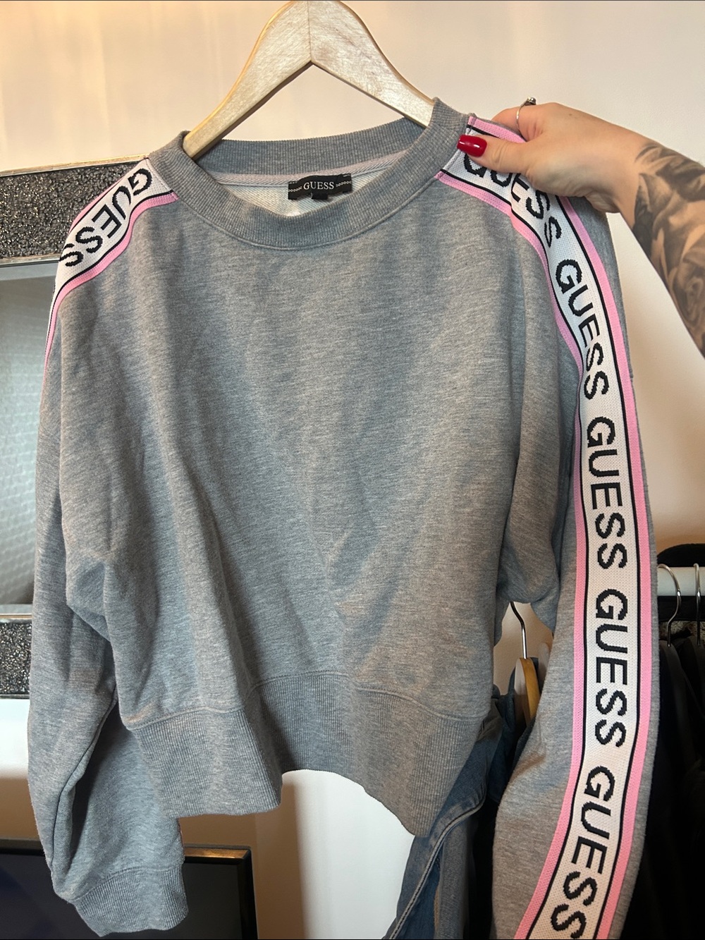 GUESS Grey Crewneck with Pink Logo Detailed Sleeves